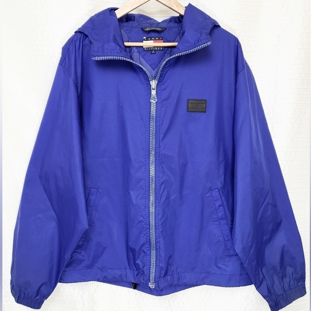 Tommy Hilfiger Windbreaker Black Logo Clear Zip Royal Blue Relaxed Fit Men's S